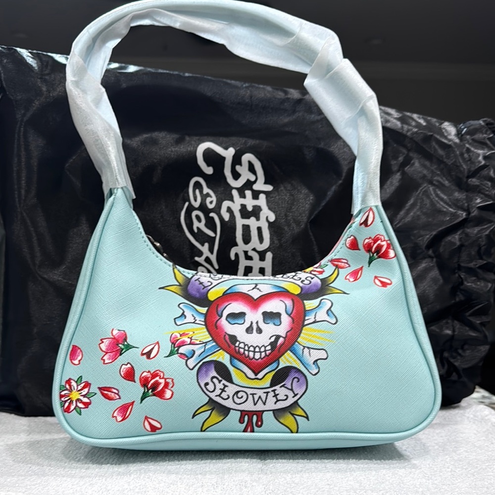 Ed Hardy Blue Shoulder Bag with Artistic Design NWOT